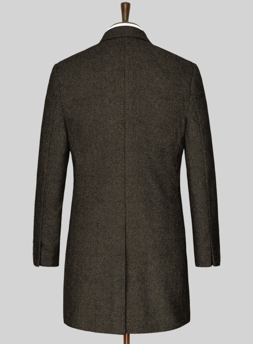 Italian Highlander Army Green Herringbone Tweed Overcoat - StudioSuits