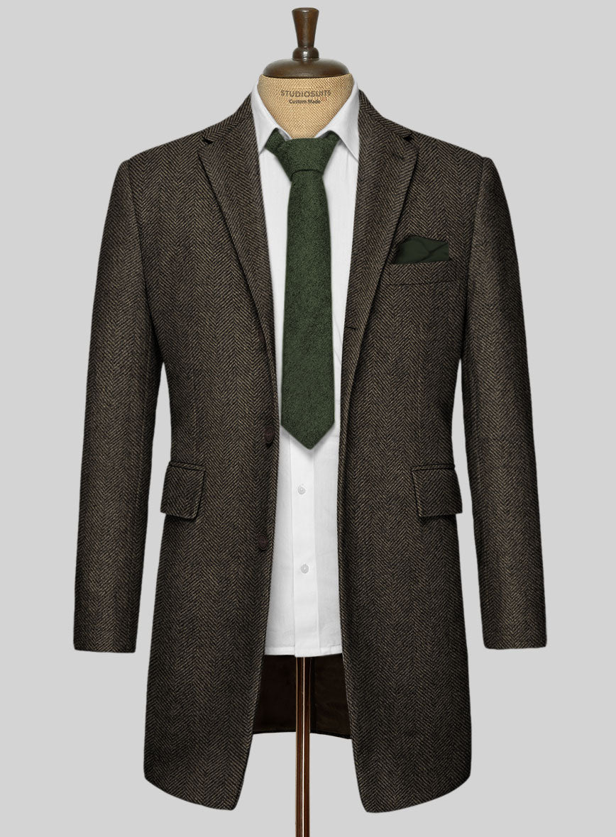 Italian Highlander Army Green Herringbone Tweed Overcoat - StudioSuits