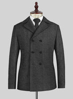 Italian Highlander Charcoal Herringbone Tweed Pea Coat - StudioSuits