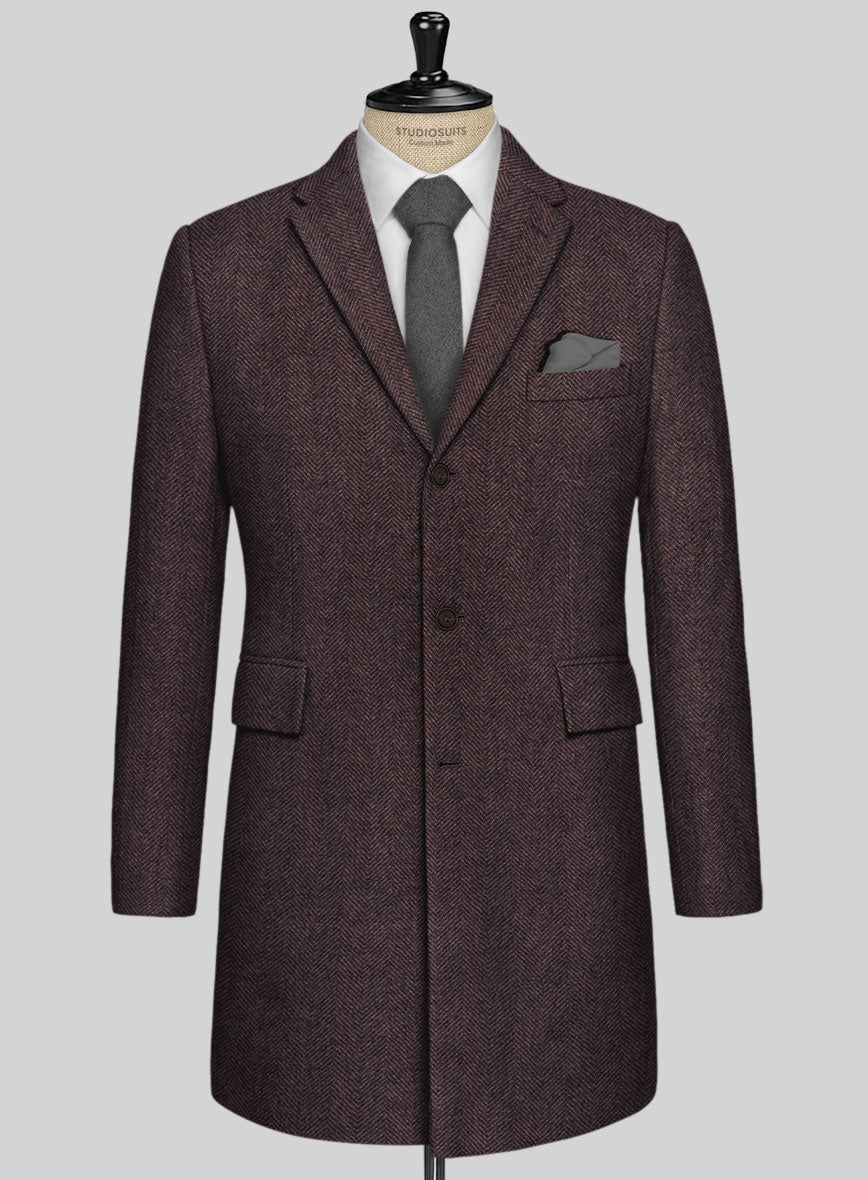 Italian Highlander Dark Wine Herringbone Tweed Overcoat - StudioSuits