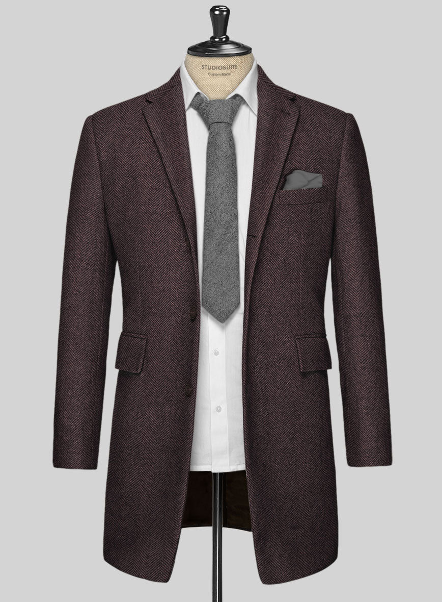 Italian Highlander Dark Wine Herringbone Tweed Overcoat - StudioSuits
