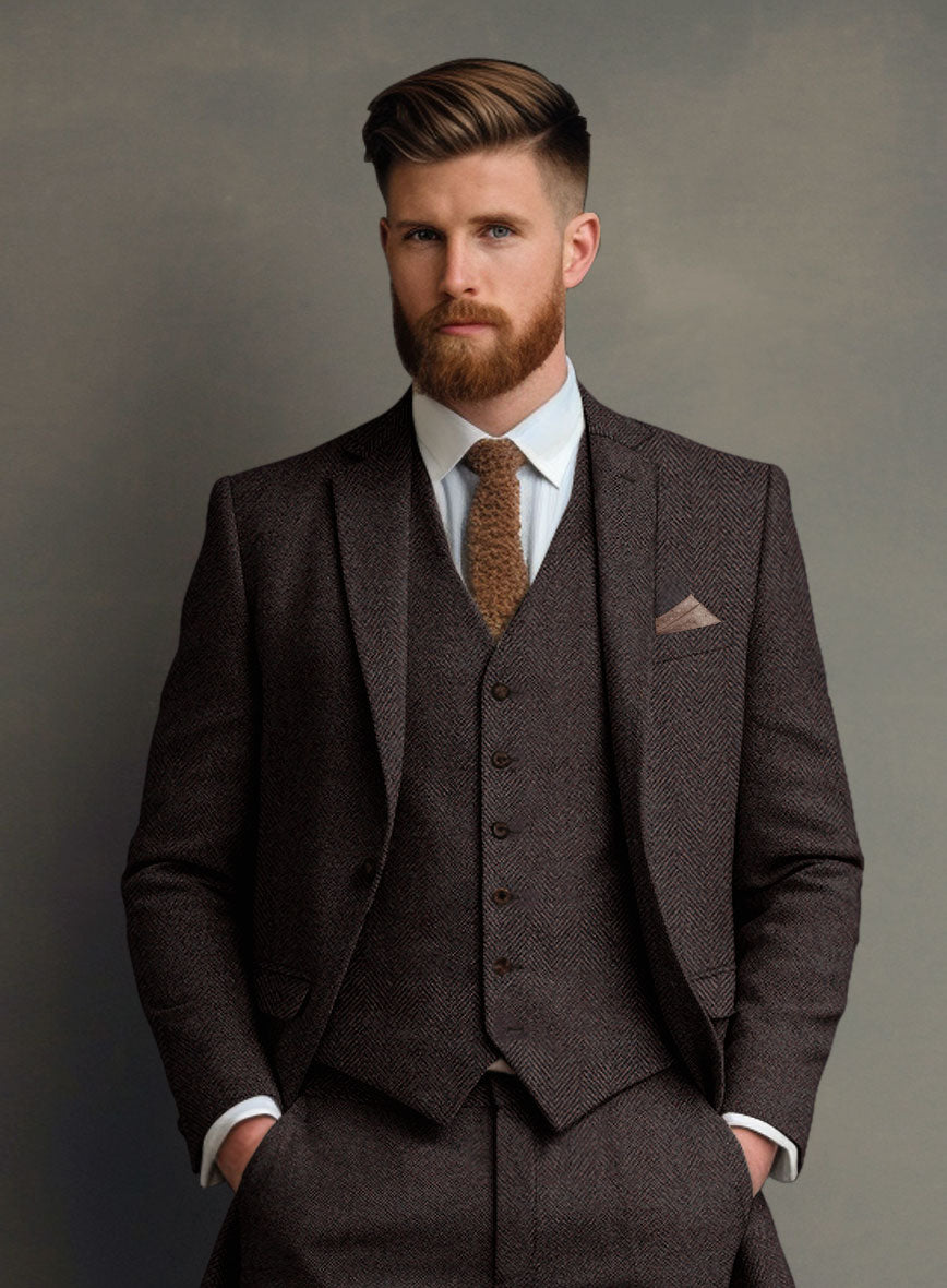 Italian Highlander Dark Wine Herringbone Tweed Suit - StudioSuits