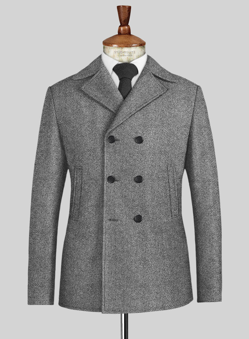 Italian Highlander Gray Herringbone Tweed Pea Coat - StudioSuits