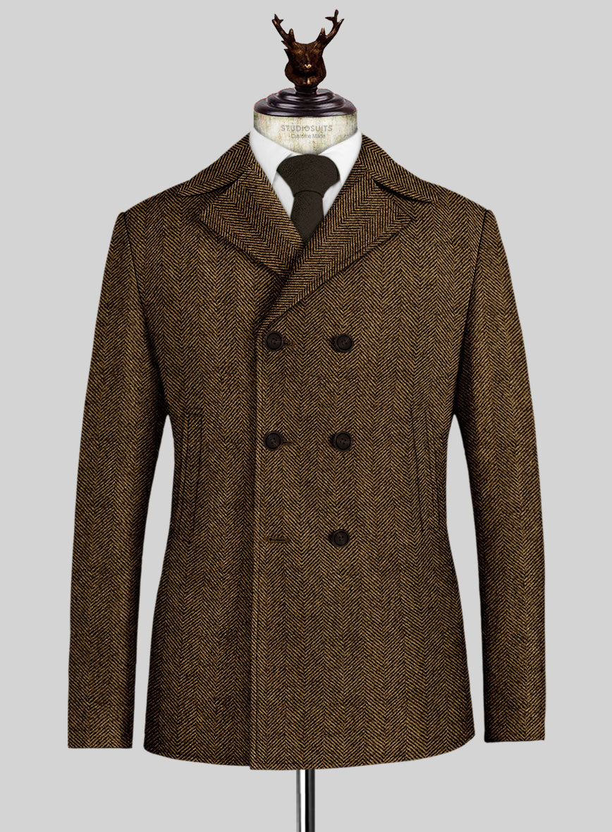 Italian Highlander Mustard Herringbone Tweed Pea Coat - StudioSuits