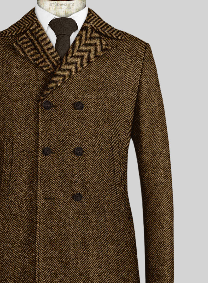 Italian Highlander Mustard Herringbone Tweed Pea Coat - StudioSuits