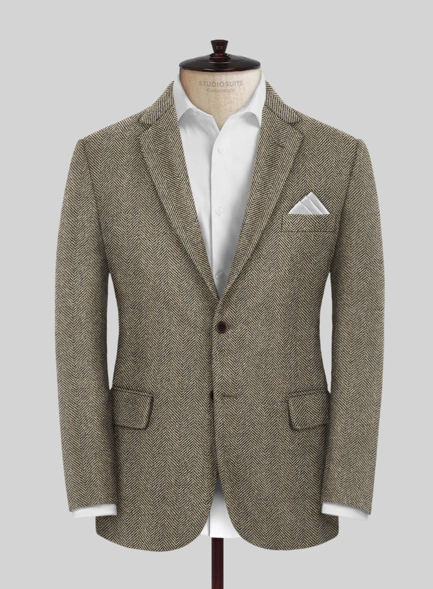 Italian Highlander Stone Beige Herringbone Tweed Jacket - StudioSuits