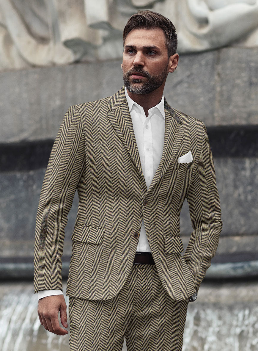 Italian Highlander Stone Beige Herringbone Tweed Jacket - StudioSuits