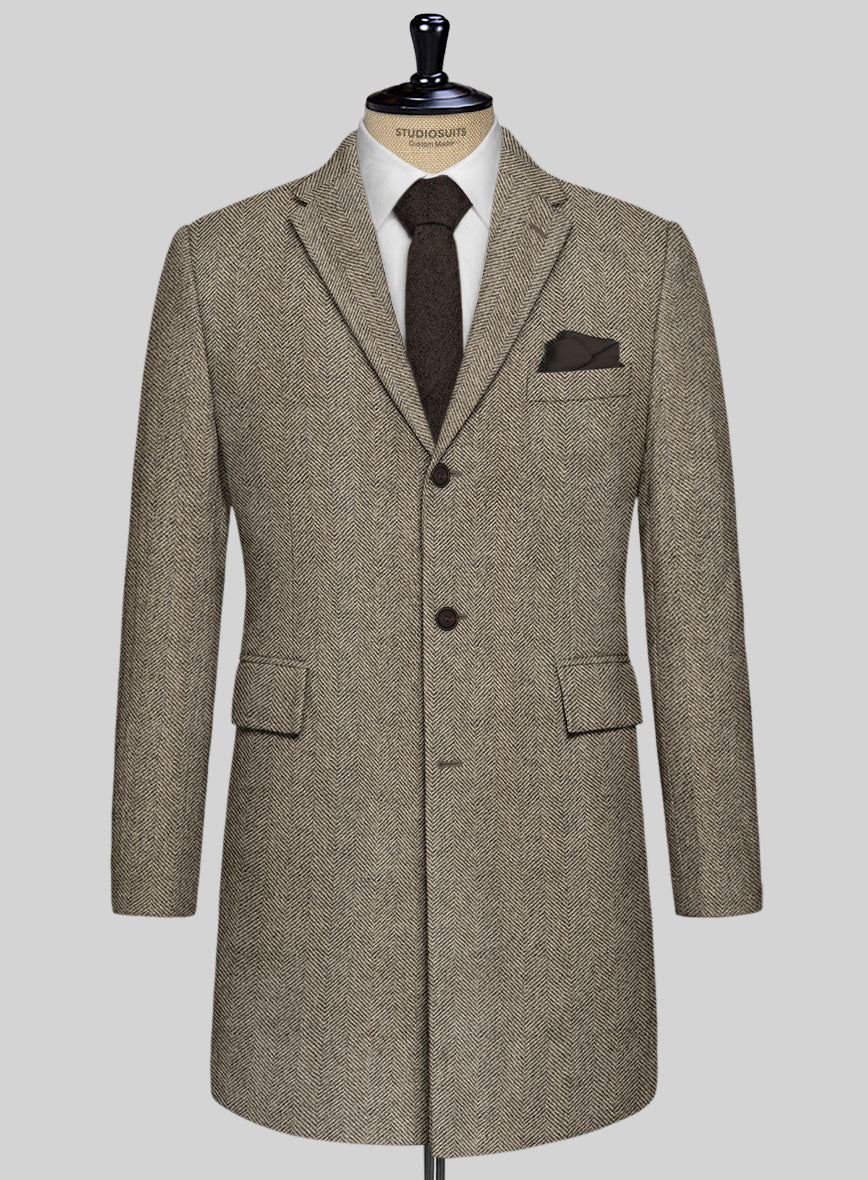 Italian Highlander Stone Beige Herringbone Tweed Overcoat - StudioSuits