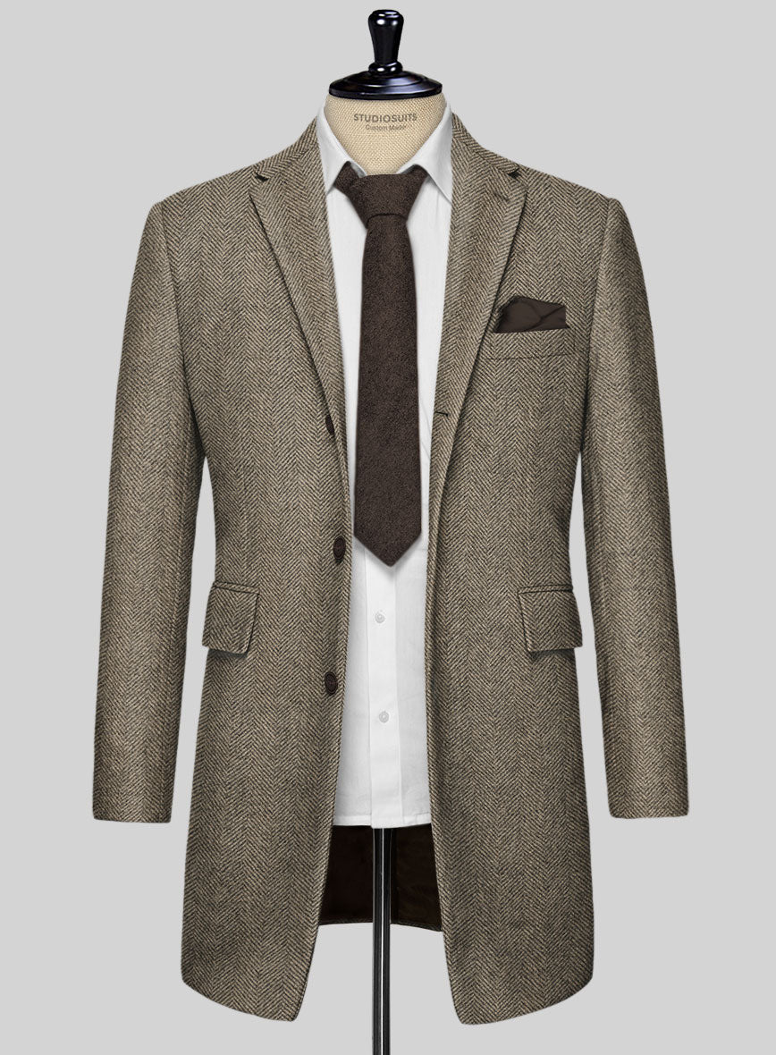 Italian Highlander Stone Beige Herringbone Tweed Overcoat - StudioSuits