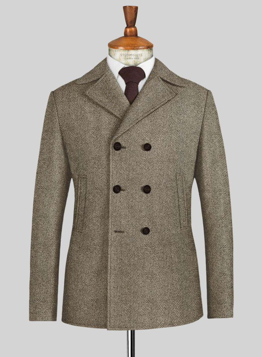 Italian Highlander Stone Beige Herringbone Tweed Pea Coat - StudioSuits
