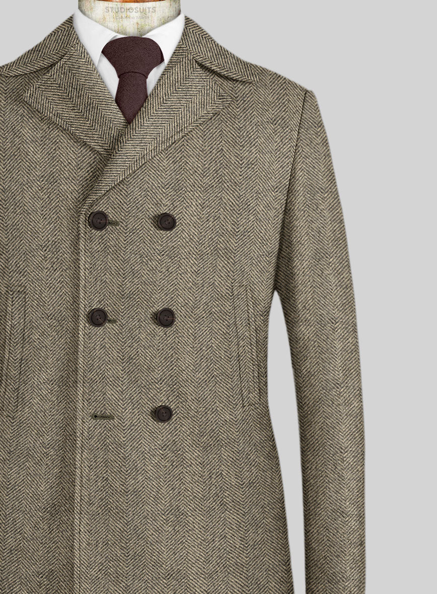 Italian Highlander Stone Beige Herringbone Tweed Pea Coat - StudioSuits