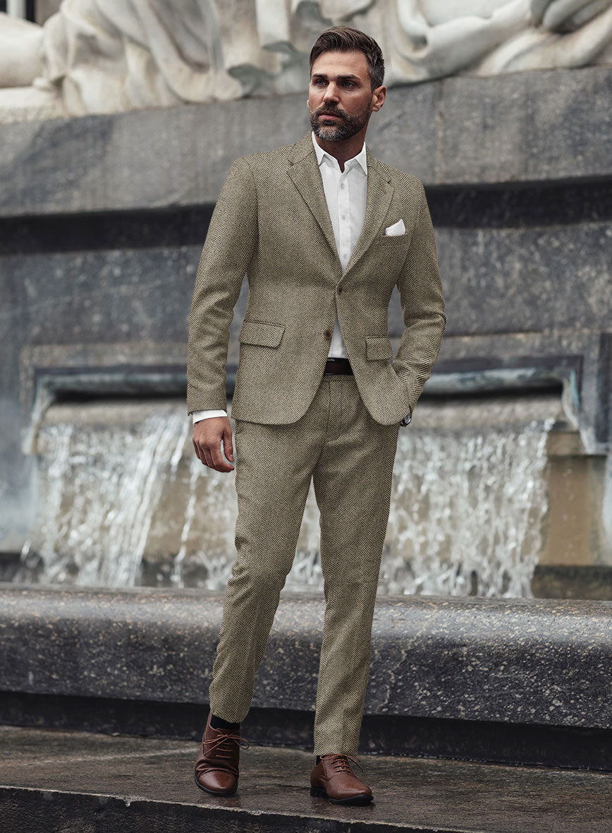 Italian Highlander Stone Beige Herringbone Tweed Suit - StudioSuits