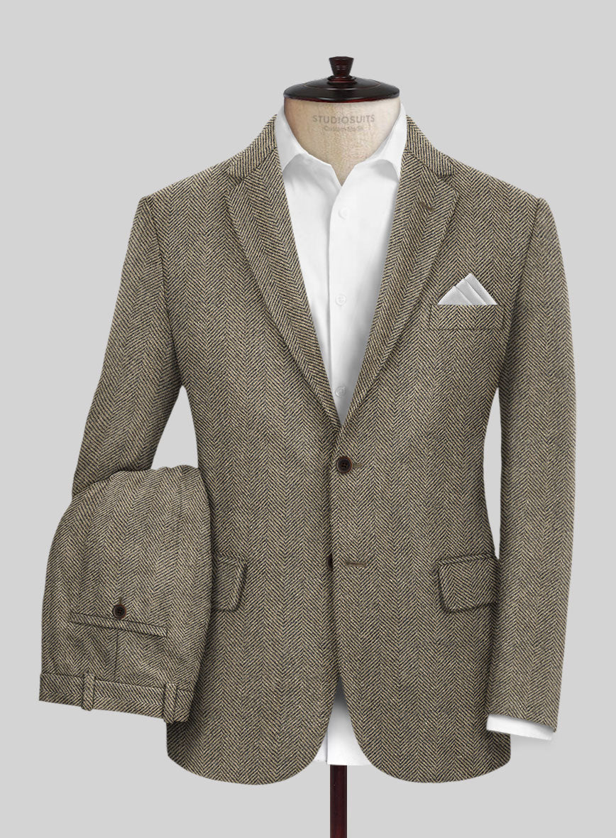 Italian Highlander Stone Beige Herringbone Tweed Suit - StudioSuits