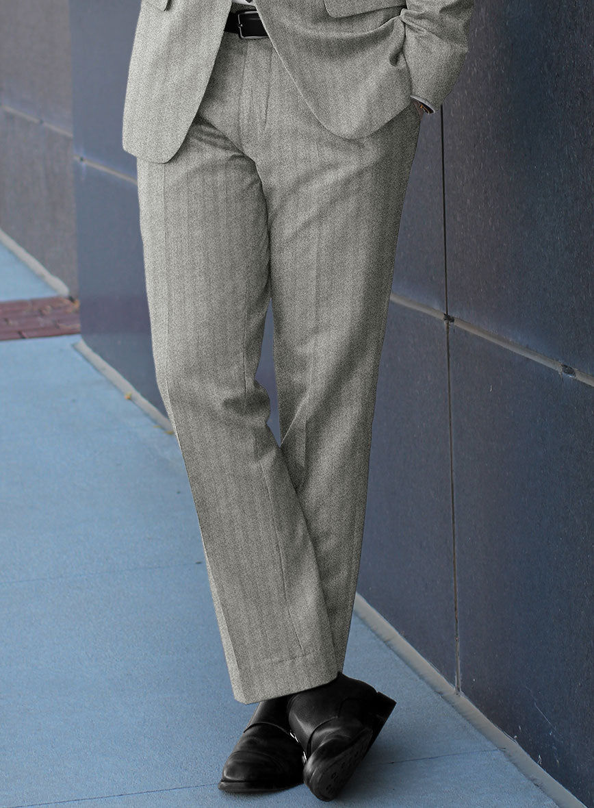 Italian Light Gray Herringbone Flannel Pants - StudioSuits