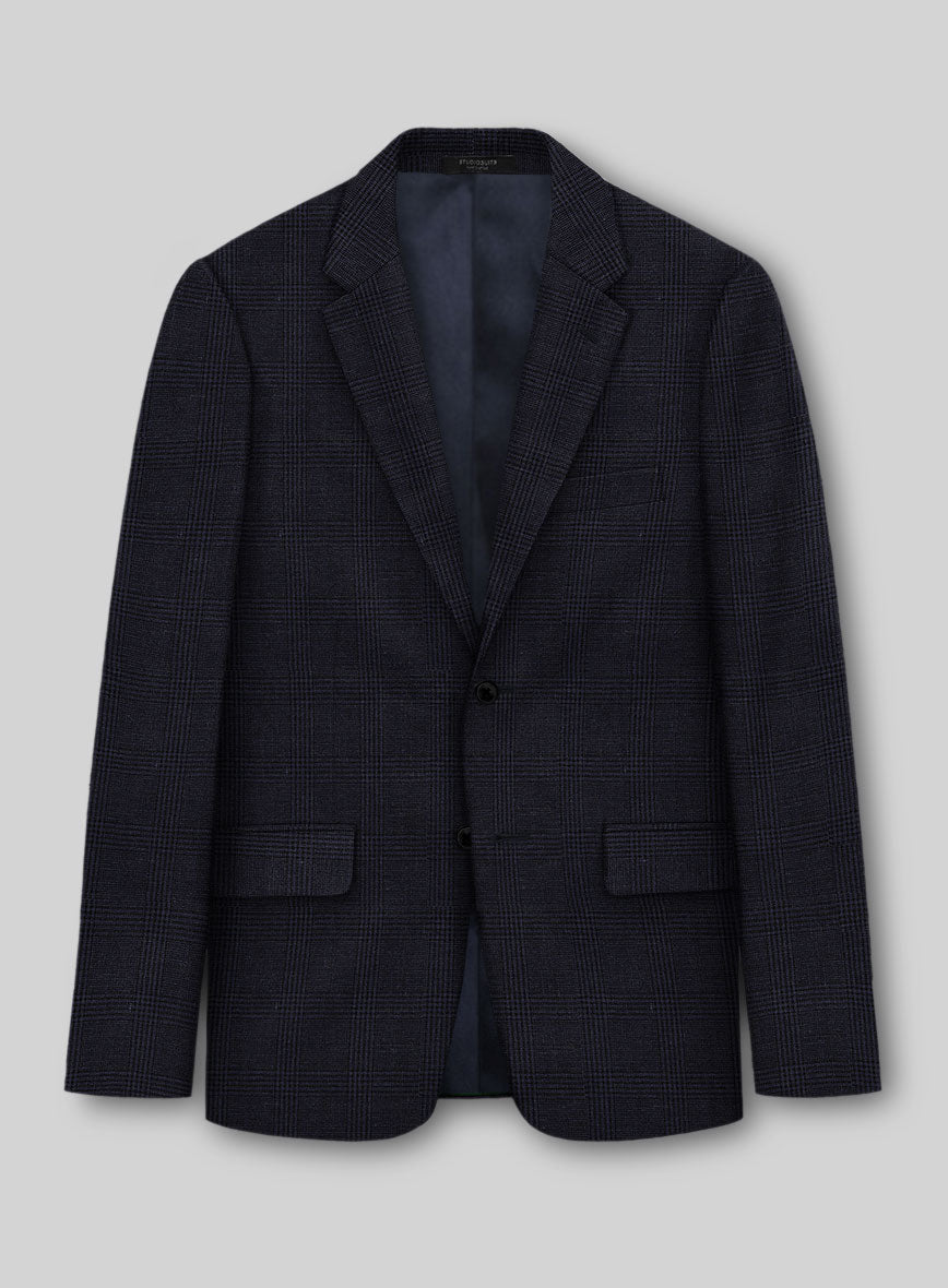 Italian Linen Dark Navy Glen Check Jacket - StudioSuits