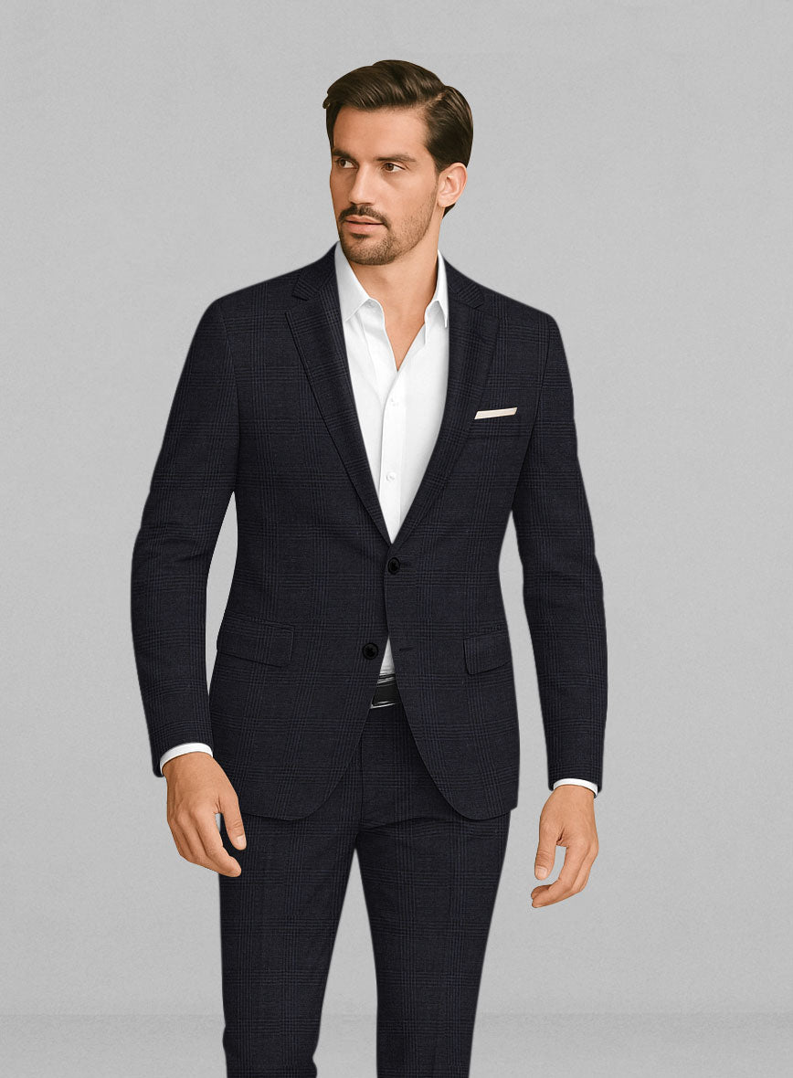 Italian Linen Dark Navy Glen Check Jacket - StudioSuits