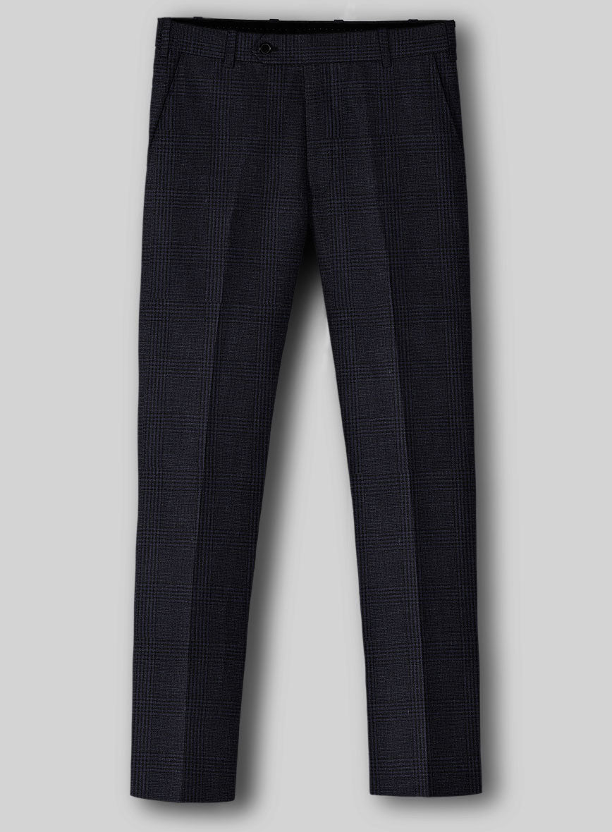 Italian Linen Dark Navy Glen Check Pants - StudioSuits