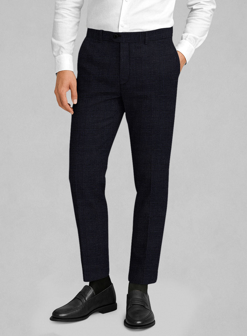 Italian Linen Dark Navy Glen Check Pants - StudioSuits