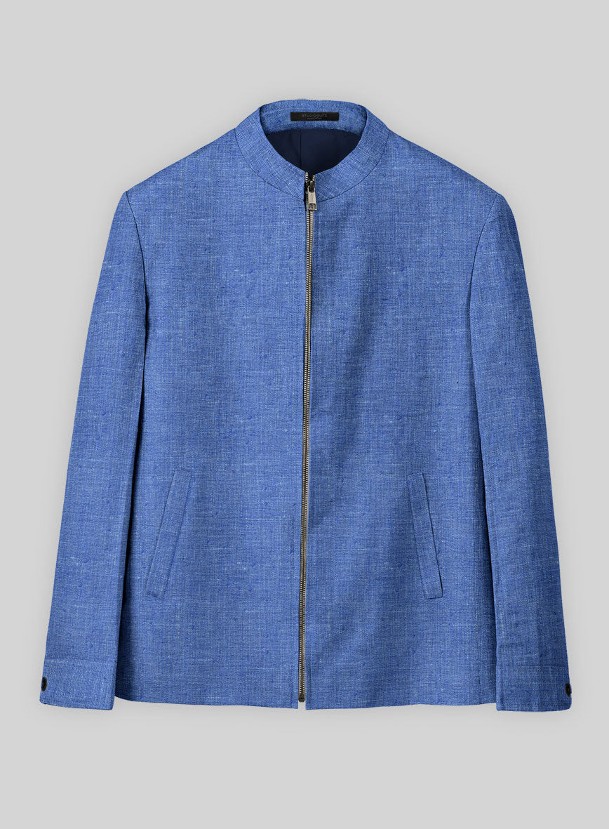 Italian Linen Smoked Blue Zipper Jacket - StudioSuits
