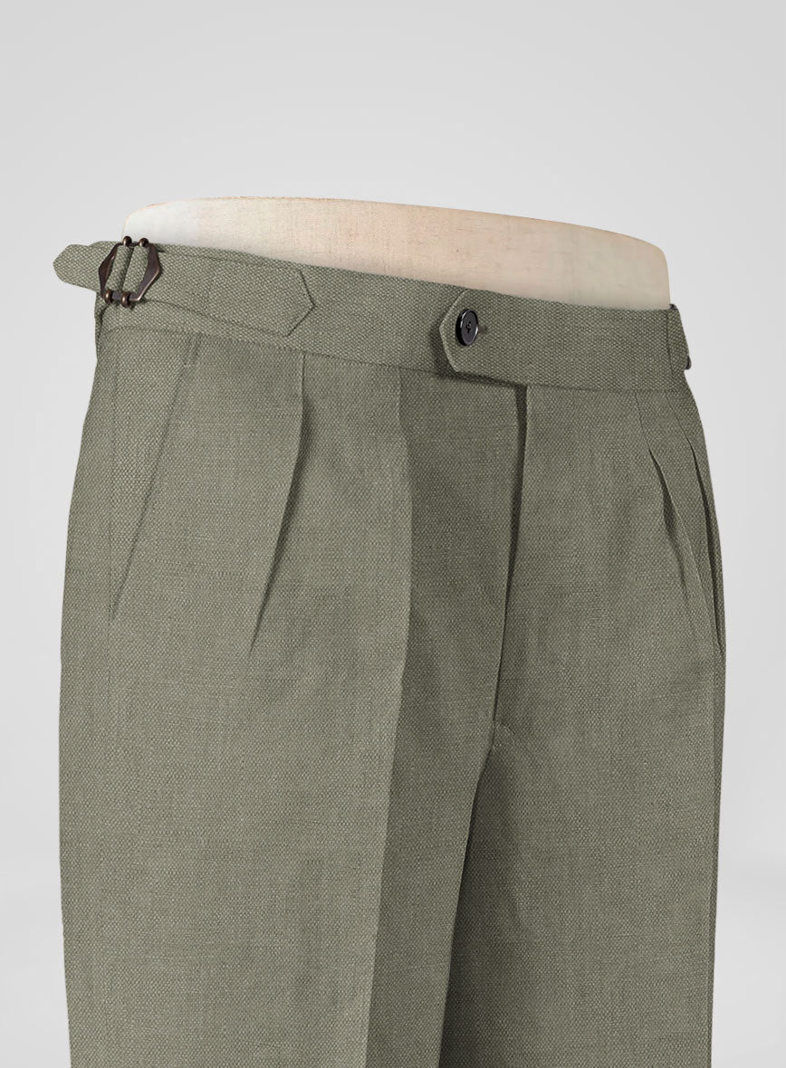 Italian Muted Green Linen Highland Trousers - StudioSuits