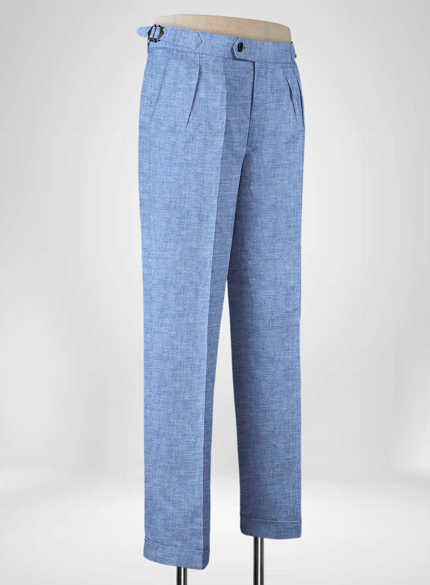 Italian Nile Blue Linen Highland Trousers - StudioSuits