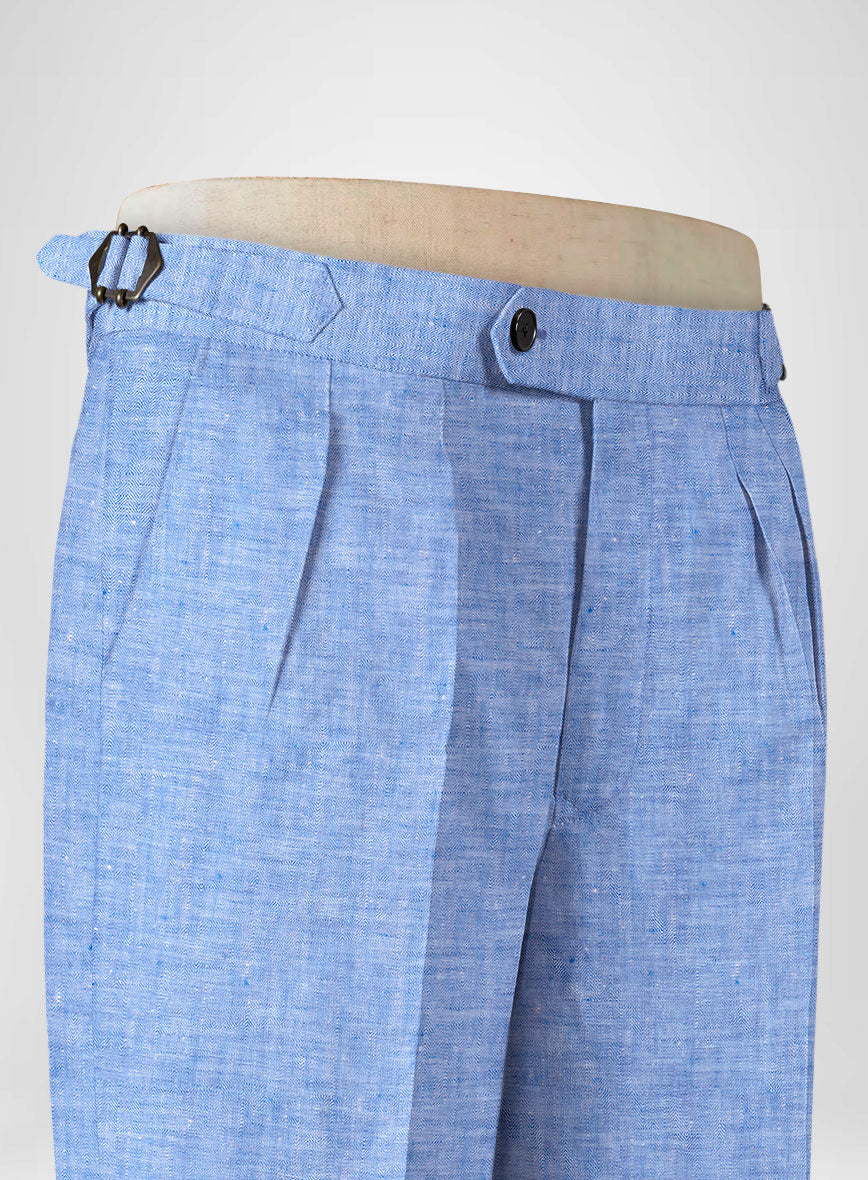 Italian Nile Blue Linen Highland Trousers - StudioSuits