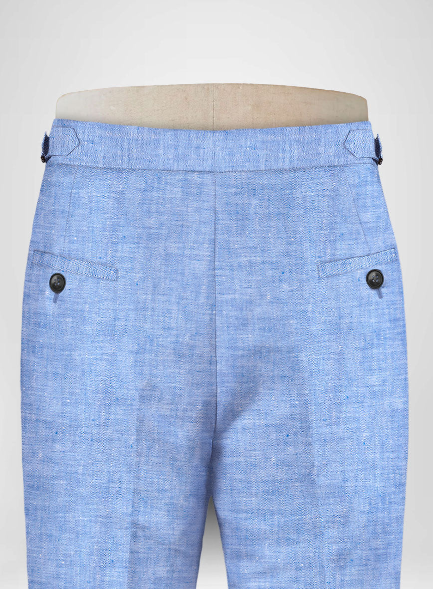 Italian Nile Blue Linen Highland Trousers - StudioSuits
