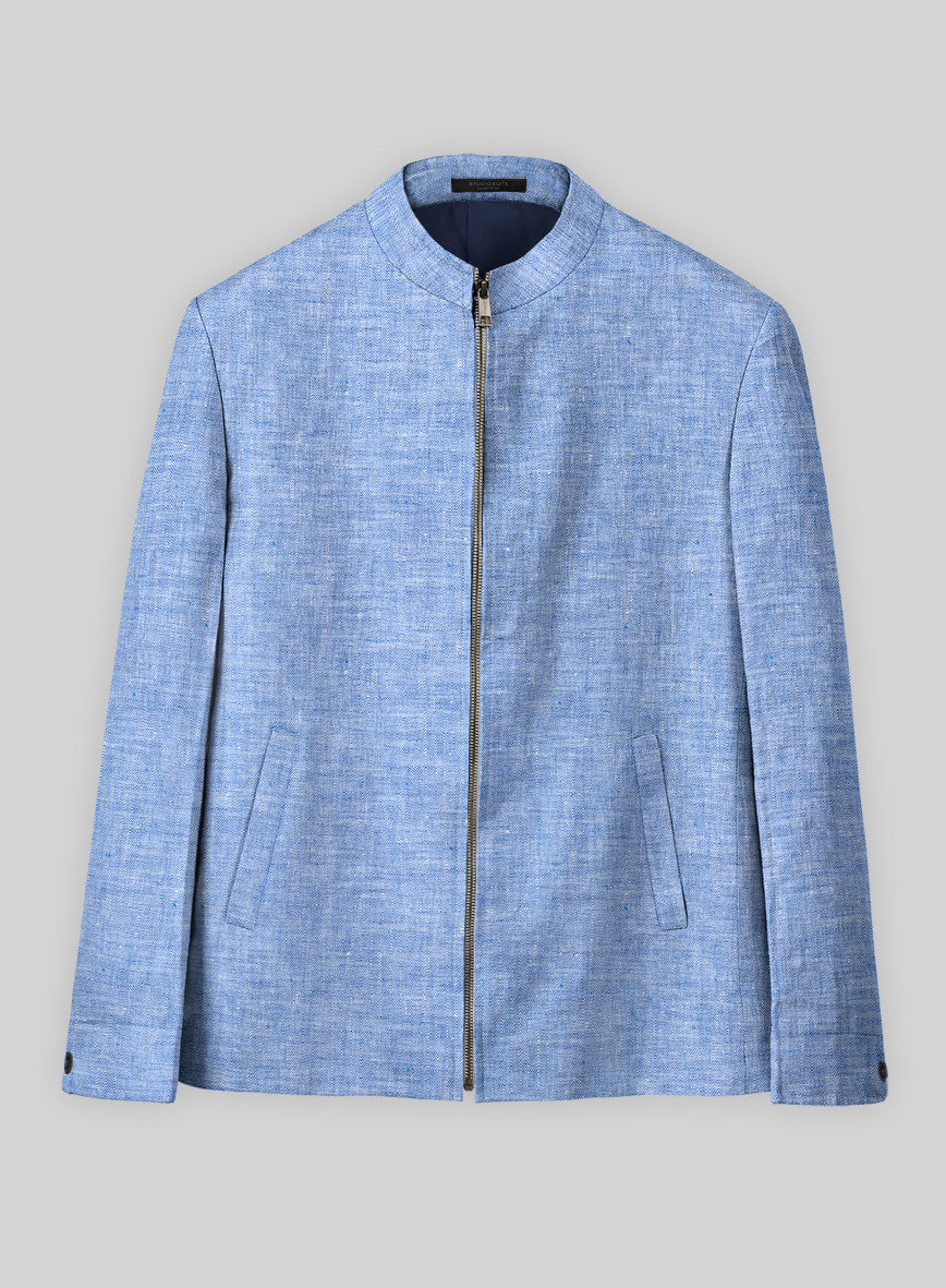 Italian Nile Blue Linen Zipper Jacket - StudioSuits