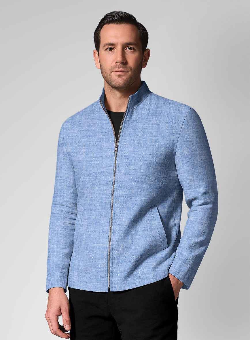 Italian Nile Blue Linen Zipper Jacket - StudioSuits