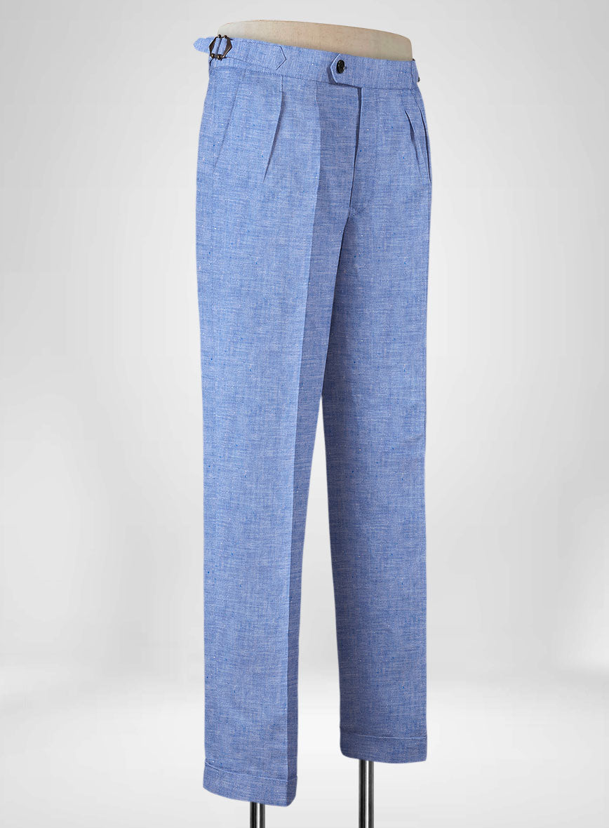 Italian Nile Blue Linen Highland Trousers - StudioSuits