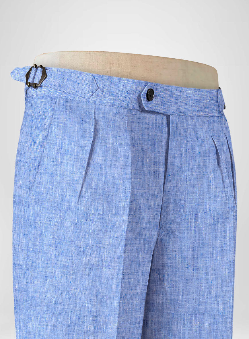 Italian Nile Blue Linen Highland Trousers - StudioSuits