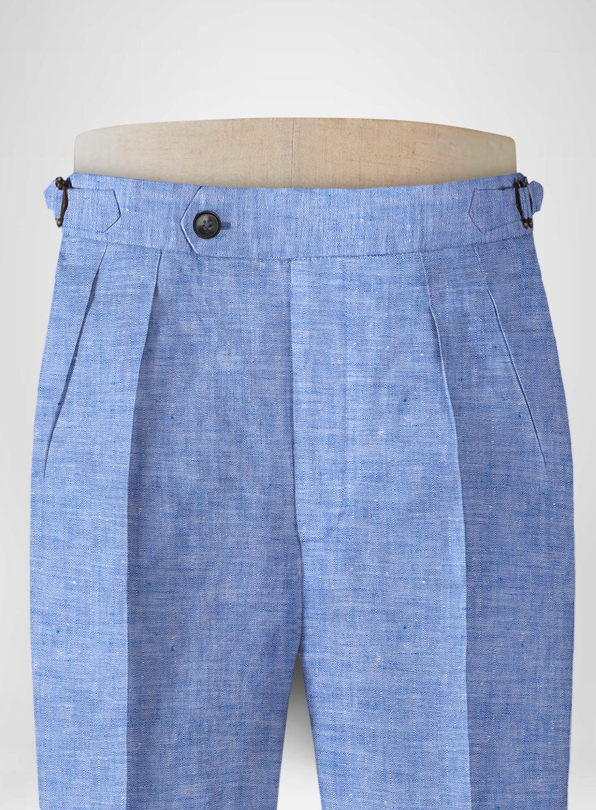 Italian Nile Blue Linen Highland Trousers - StudioSuits