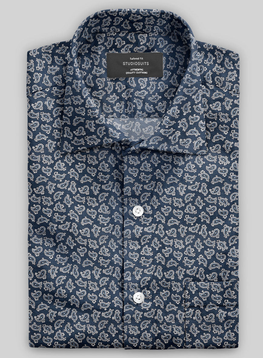 Italian Paisley Dark Blue Summer Linen Shirt - StudioSuits