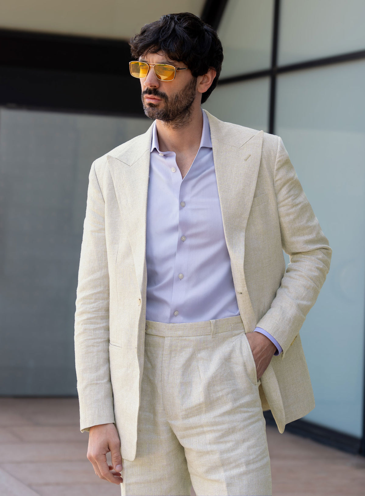 Italian Prato Beige Glen Linen II Jacket - StudioSuits