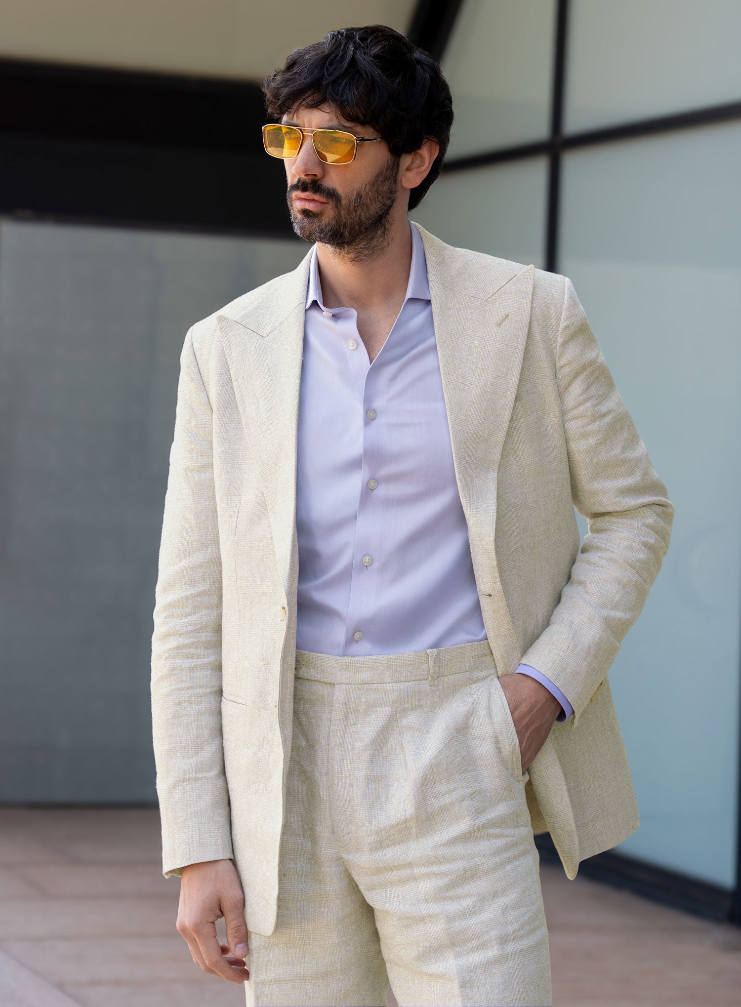 Italian Prato Beige Glen Linen II Jacket - StudioSuits
