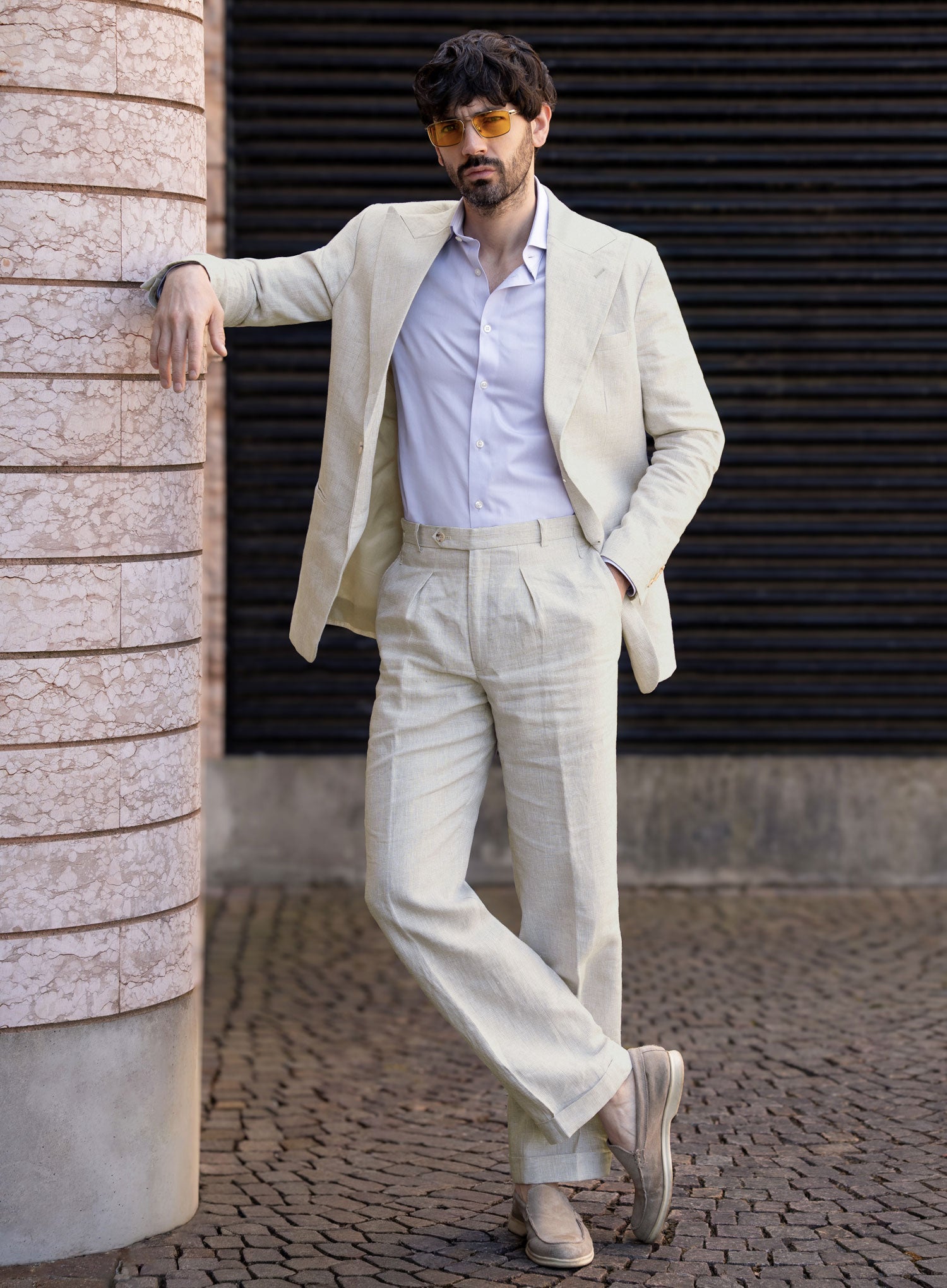 Italian Prato Beige Glen Linen II Suit - StudioSuits