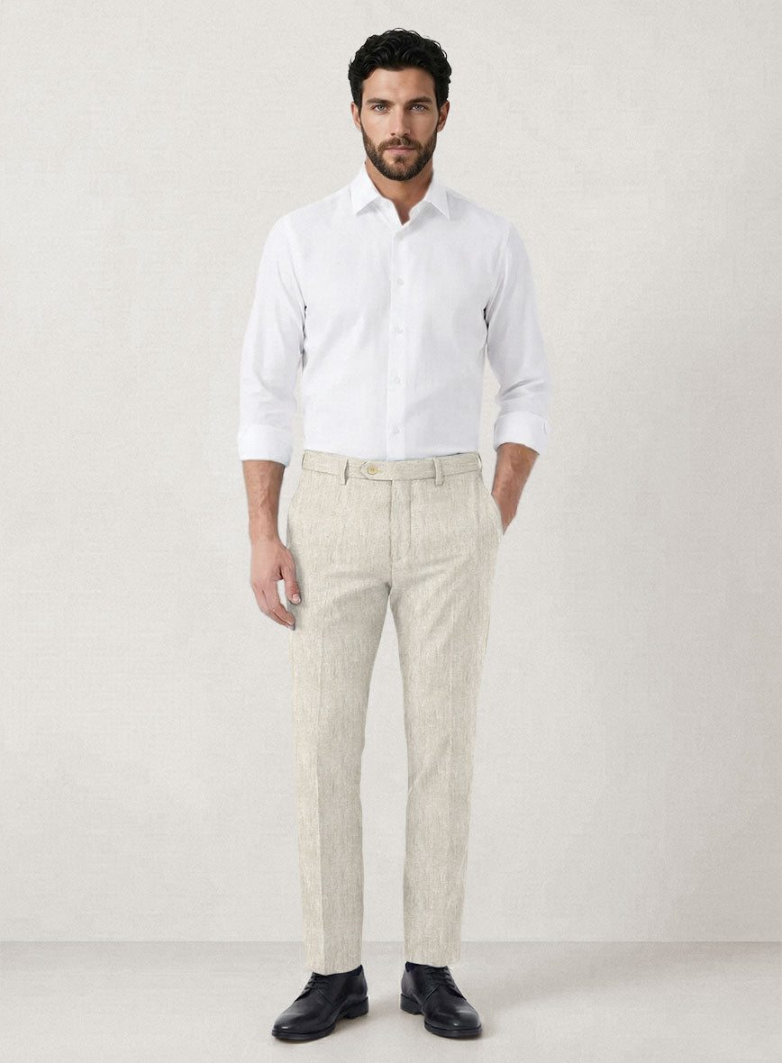 Italian Prato Beige Herringbone Linen Pants - StudioSuits