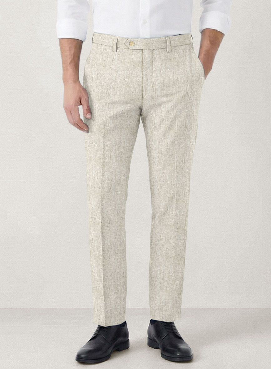Italian Prato Beige Herringbone Linen Pants - StudioSuits