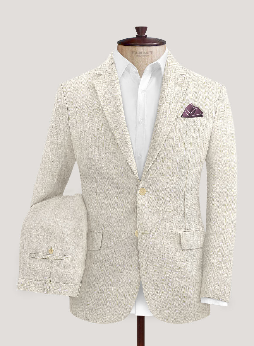 Italian Prato Beige Herringbone Linen Suit - StudioSuits