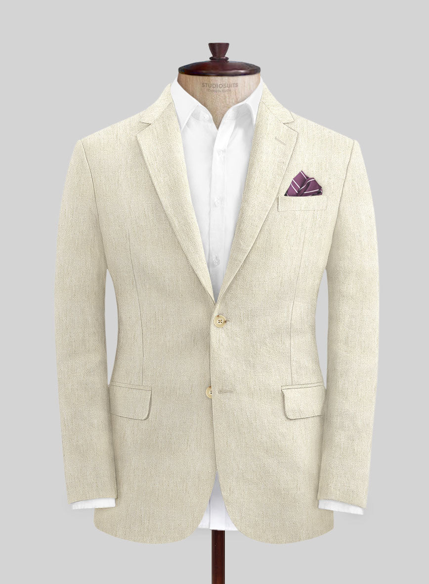 Italian Prato Beige Herringbone Linen Jacket - StudioSuits
