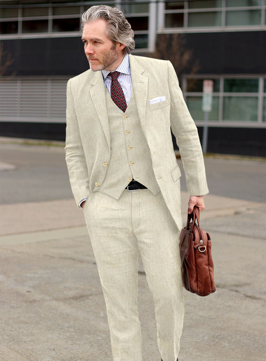 Italian Prato Beige Herringbone Linen Suit - StudioSuits