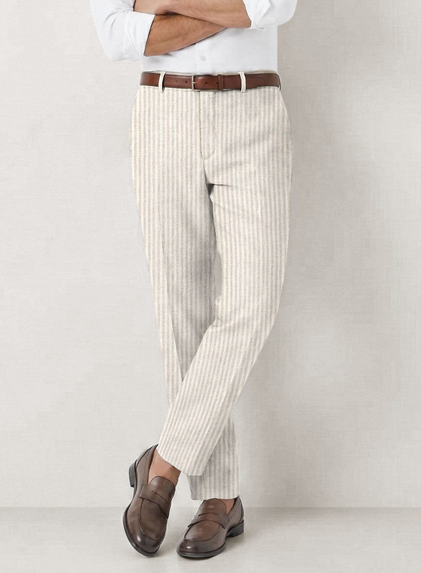 Italian Prato Beige Pinstripe Linen Pants - StudioSuits