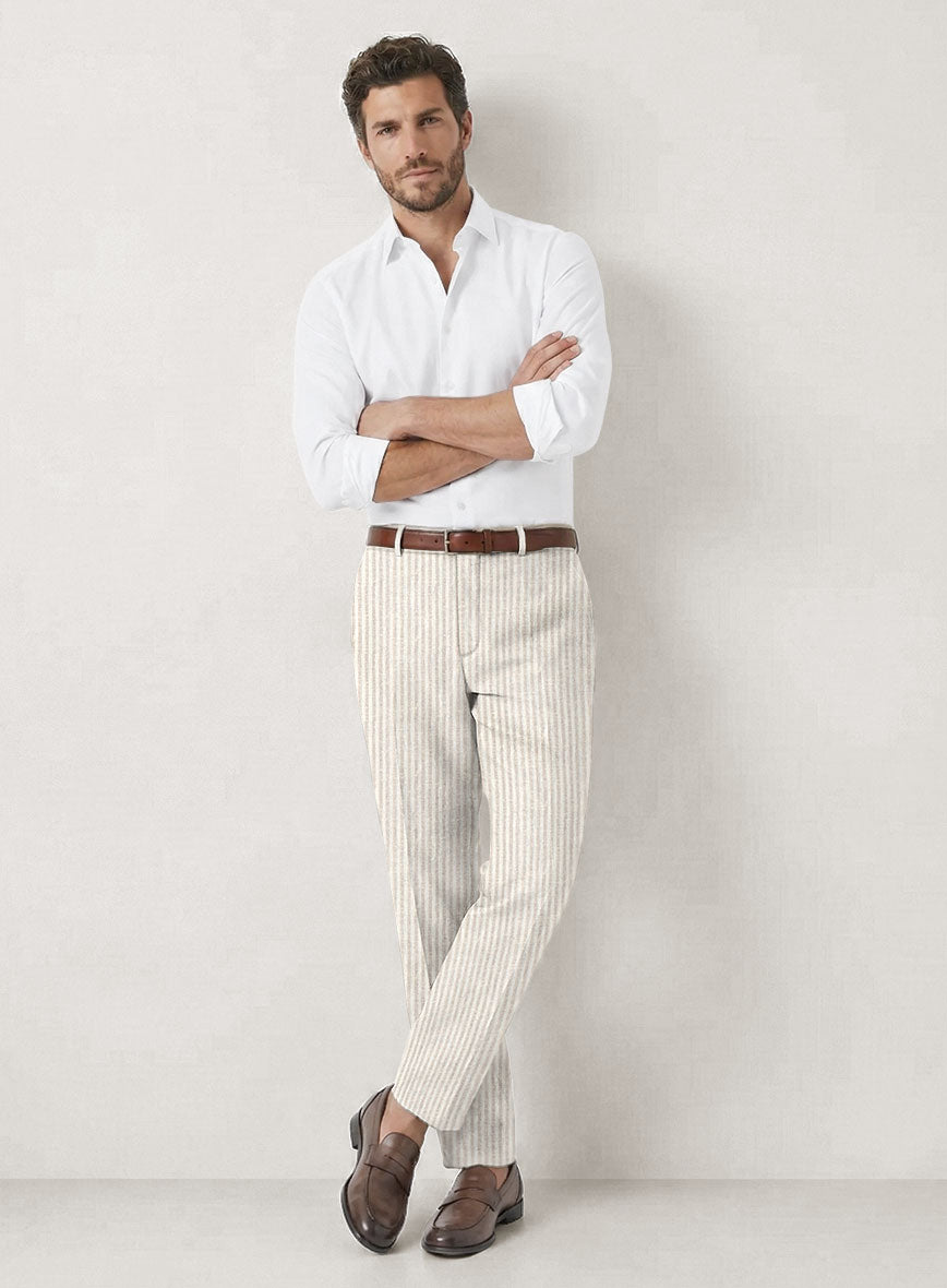 Italian Prato Beige Pinstripe Linen Pants - StudioSuits
