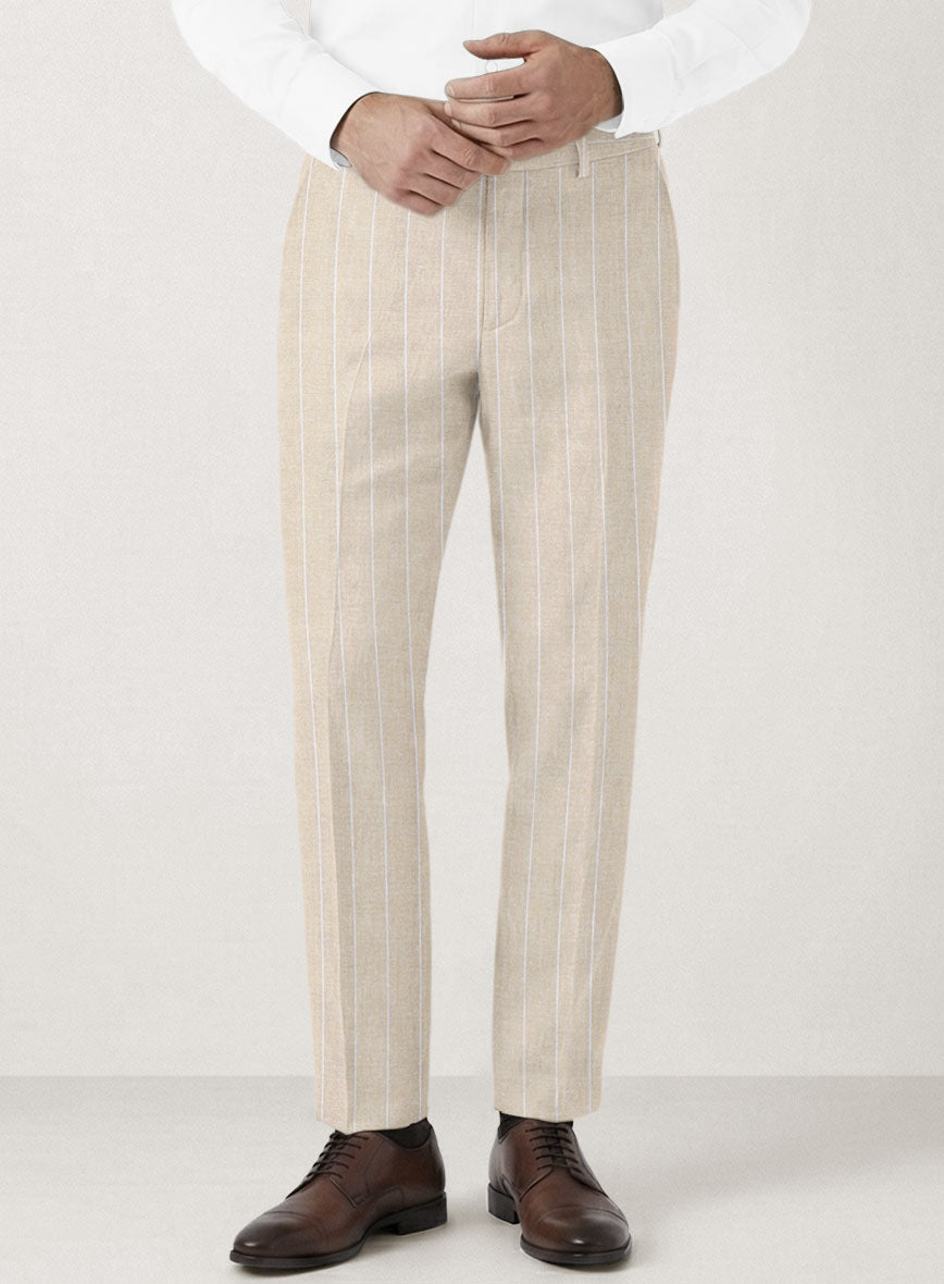 Italian Prato Beige Wide Stripe Linen Pants - StudioSuits