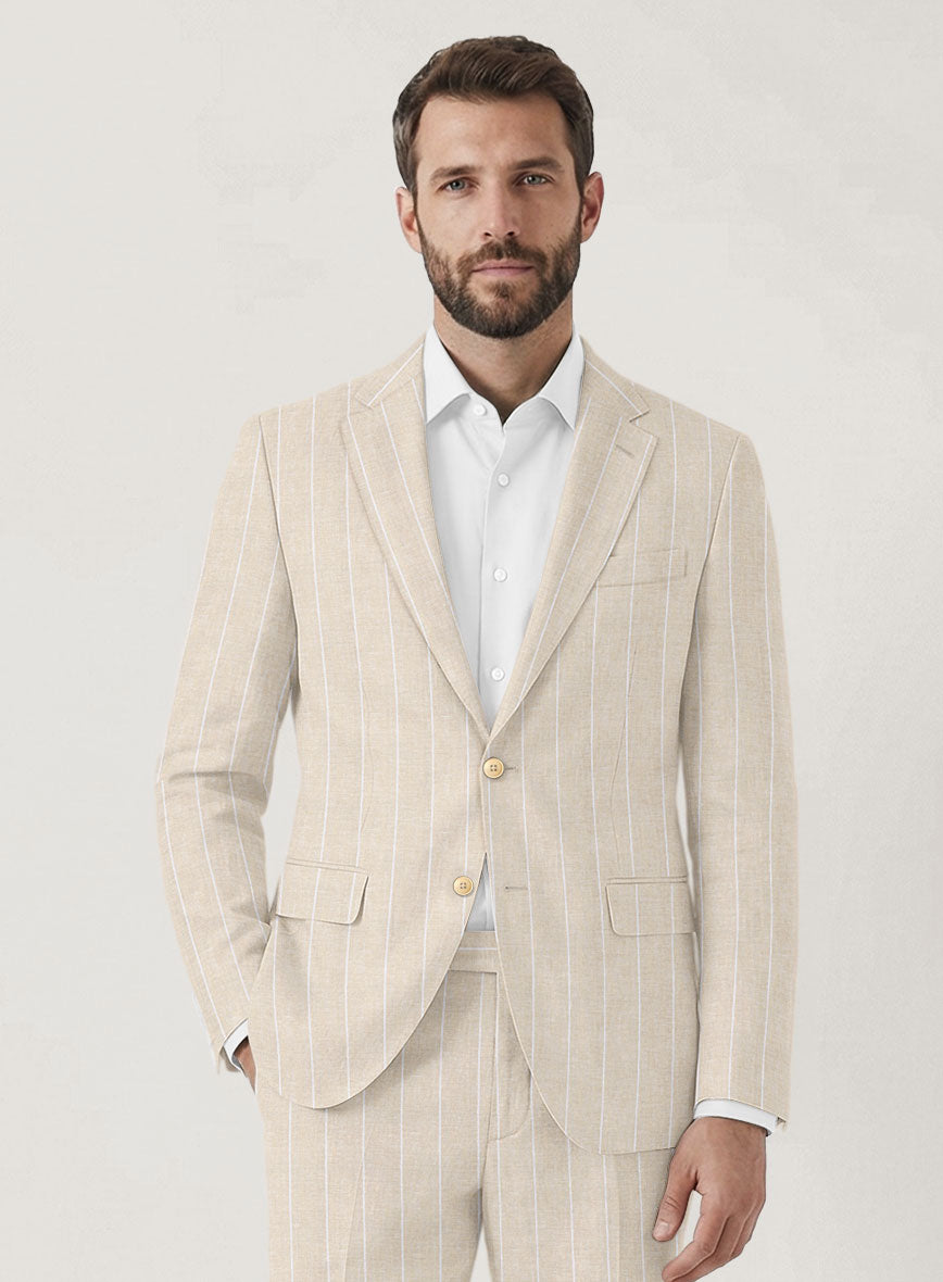 Italian Prato Beige Wide Stripe Linen Jacket - StudioSuits