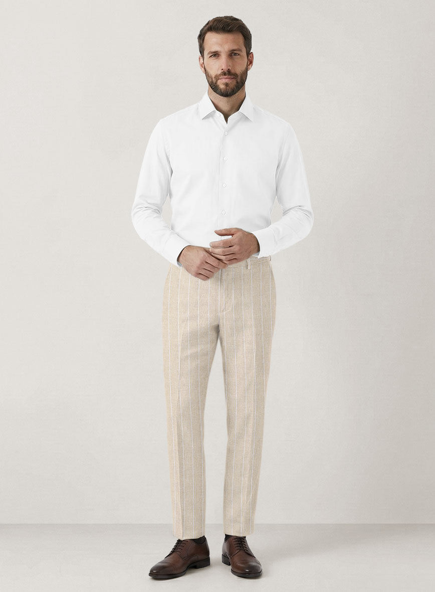 Italian Prato Beige Wide Stripe Linen Pants - StudioSuits
