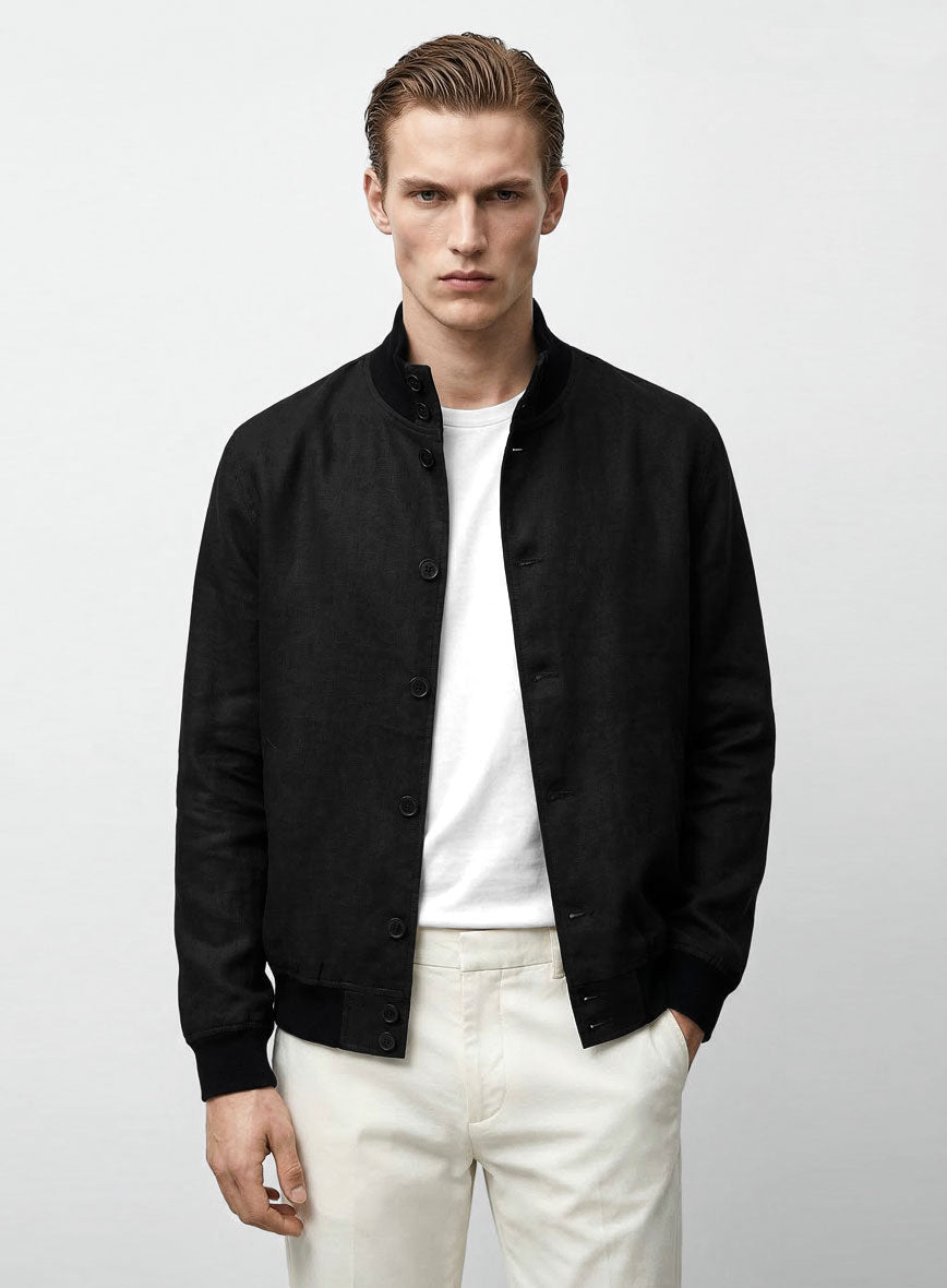 Italian Prato Black Linen Bomber Jacket - StudioSuits
