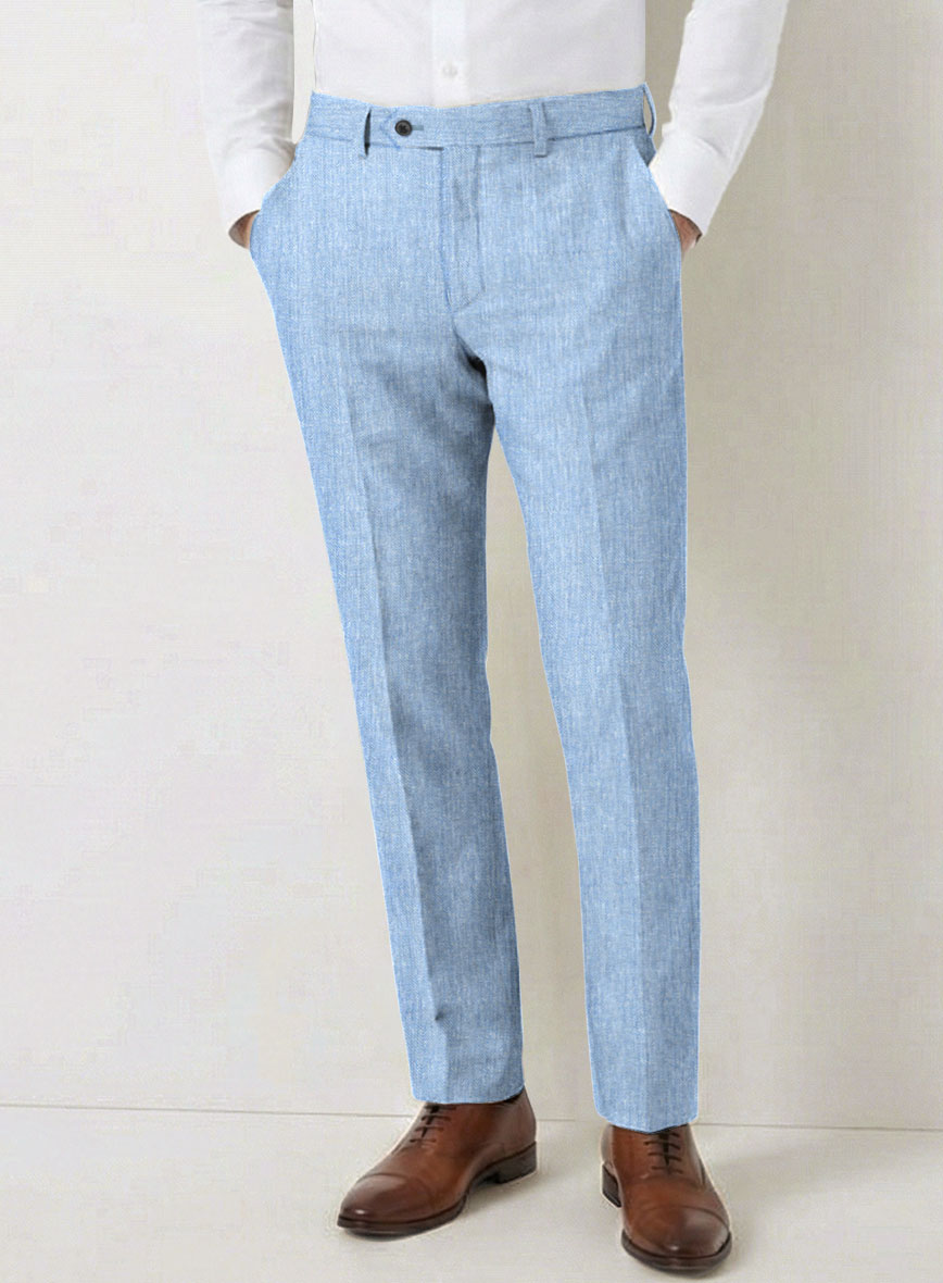 Italian Prato Blue Herringbone Linen Pants - StudioSuits