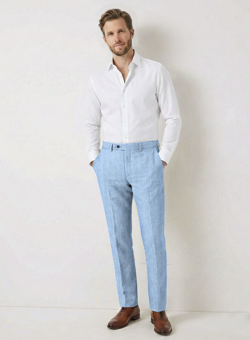 Italian Prato Blue Herringbone Linen Pants - StudioSuits