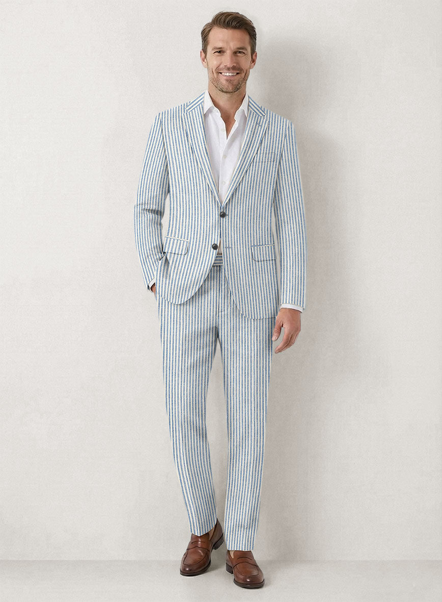 Italian Prato Blue Pinstripe Linen Suit - StudioSuits